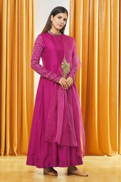 Buy Shristi Chetani Pink Dola Silk Sleeve Embroidered Anarkali Set Online | Aza Fashions Pleated Dupatta, Churidar Sleeves, Embroidered Anarkali, Pink Thread, Silk Taffeta, Pattern Embroidery, Silk Embroidery, Churidar, Straight Pants