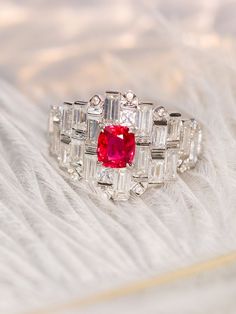 *Condition: Brand new *Center Stone: Natural Peach Red Spinel from Burma, Cushion Cut, 0.61ct *Side stones: Natural white diamond round-cut (VS1 clarity and F color) Natural white sapphire baguette-cut *Ring size: 4.05g (depend on the ring size) *Metal Purity: Can be select Each piece is made-to-order with care and special attention to detail. all items are made with conflict-free diamonds and gems. Size: made to order The item will be gift wrapped and shipped. ---------------------------------- Fine Jewelry Red Diamond Ring With Rose Cut, Luxury Red Cluster Ring With Center Stone, Dazzling Ruby And Diamond Wedding Ring, Luxury Red Ruby Cluster Ring, Red Ruby Ring With Baguette Cut Center Stone, Red Diamond Cluster Ring In Fine Jewelry Style, Red Diamond Cluster Ring With Brilliant Cut, Luxury Red Rings With Rose Cut Diamonds, Exquisite Ruby Ring With Accent Stones For Wedding