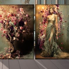 two pictures of a woman in a dress with flowers on the wall and an image of a tree