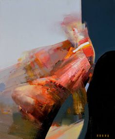 an abstract painting of a woman sitting on a chair