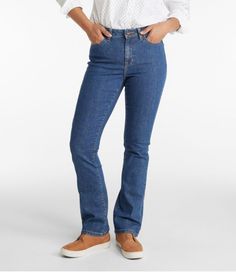 Our ultraflattering boot-cut jeans are guaranteed to keep their shape, even after frequent washings, eliminating bagging and stretching. High-Rise (Classic Fit): Sits at waist. Fitted through hip and thigh. Bootcut-leg. Inseams: Regular 30", Petite 28", Medium Tall 32". Black - 90% cotton, 8% polyester and 2% elastane. In a blend of 93% cotton, 5% polyester and 2% Lycra® elastane. Machine wash and dry. Flattering boot-cut shape. Five-pocket styling. Fly front with button closure. Imported. Fit: Denim Pant, Cut Jeans, Ll Bean, L L Bean, Bootcut Jeans, Boot Cut, Amazing Women, Women's Jeans, High Rise