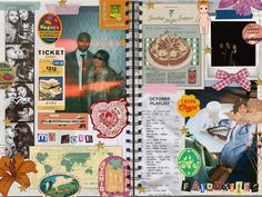 an open scrapbook with many different pictures and stickers on the pages, including people