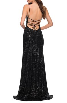 Flaunt a sultry silhouette in this shapely sequin-covered gown styled with a square neckline and a low-dipping strappy back. Style Name:La Femme Strappy Back Sequin Gown. Style Number: 6155853. Trumpet Dress, Sequin Formal Dress, Sequin Prom Dress, Trumpet Skirt, Prom Style, Corset Lace, Sequin Gown, Back Back, Dress Silhouette