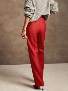 Sharp and smart, this extra long pant is cut to wear with your favorite heels.  A high waist and straight leg adds length to every step.  ITALIAN WOOL: Soft and smooth, this wool fabric from Italy's Marzotto mill is perfect for cooler weather.  Zip f Fitted Bottoms With Straight Hem For Winter, Elegant Wool Wide Leg Pants With Straight Hem, Fitted Wool Wide Leg Pants For Fall, Elegant Red Full-length Dress Pants, Tailored Full-length Dress Pants For Winter, Red Wide Leg Pants For Fall Formal Occasions, Formal Red Wide Leg Pants For Fall, Elegant Winter Bottoms With Straight Hem, Chic Straight Hem Wool Pants