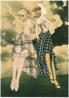 two women standing next to each other in front of a sky with clouds and sun