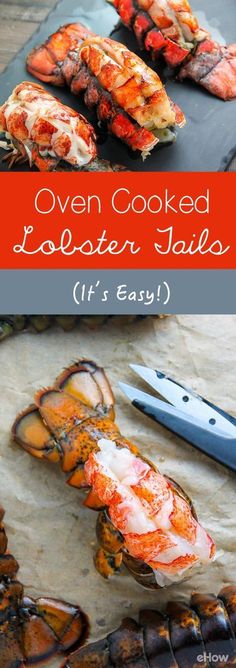 cooked lobster tails on a cutting board with a knife next to it and the title overlay reads oven cooked lobster tails off's easy