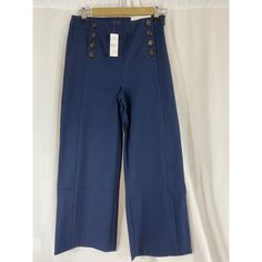 Formerly Known As The Wide Leg Crop Pant, This Flattering Pant Features An Easy Fit Through The Thigh And A Fresh Kicky Silhouette. Feature Hidden Side Zip With Hook-And-Eye Closure, Back Besom Pockets, And Wide Leg Pant, A Modern Must-Have With A Statement Leg And Flattering High Waist Fabric & Care 69% Rayon, 27% Nylon, 4% Spandex Machine Washable Imported Blue Pants With Button Closure For Summer, Fitted Blue Bottoms With Buttons, Blue Ankle-length Wide Leg Pants, High Waist Navy Bottoms For Spring, Navy Wide Leg Pants For Spring, Blue Straight Leg Bottoms With Buttons, Blue Straight-leg Bottoms With Buttons, Blue Bottoms With Buttons For Workwear, Navy Workwear Bottoms With Buttons