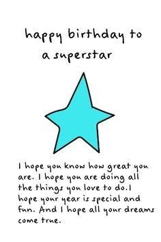 a birthday card with a blue star on the front, and a poem below it that says happy birthday to a superstar