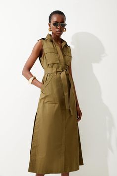 Cotton Sateen Sleeevless Utility Pocket Belted Midi Dress Belted Midi Dress, Khaki Dress, Pocket Belt, Karen Millen, Khaki Green, Fashion Face, Green Cotton, Dress Collection, Click Here