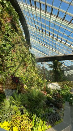 the inside of a glass and steel structure with plants growing on it's sides