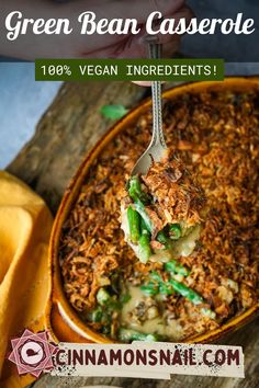 green bean casserole in a bowl with a spoon