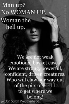 a woman wearing a hat and holding her hand up to her face with the words man up