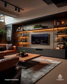 a living room with leather couches and a large tv on the wall in front of it