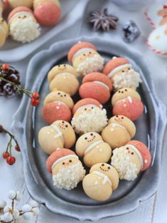 some kind of dessert on a plate with other food items around it and decorations in the background