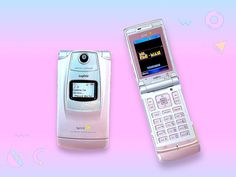 two old cell phones sitting next to each other on a pink and blue background,