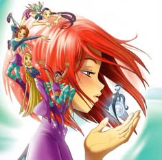 an anime character with red hair holding a glass in her hand and looking at the camera