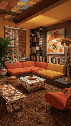 a living room filled with lots of furniture next to a fire place and bookshelf