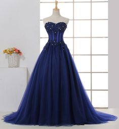 Charming Navy Blue Tulle Sweetheart Party Dress, Blue Ball Gown Formal Dress on Luulla Party Dress Blue, Blue Ball Gown, Blue Ball Gowns, Blue Party Dress, Blue Ball, Blue Tulle, Fancy Dress Design, Strapless Gown, Beaded Gown