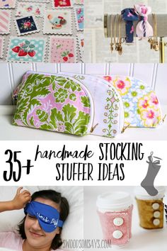 a woman laying in bed with her eyes closed and the words 25 handmade stocking stuff