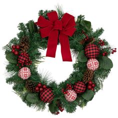 a christmas wreath with pine cones and red ornaments