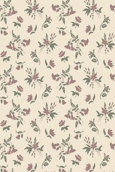 a floral wallpaper with pink flowers and green leaves on a cream background in shades of purple