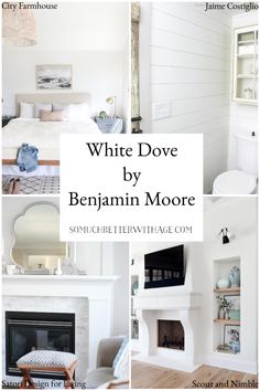 white dove by benjamin moore in the living room and bedroom, with text overlay