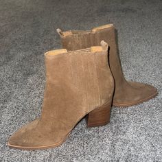 Marc Fisher Oshay Bootie Natural Suede Size 8 Never Worn Casual Suede Heels With Pointed Toe, Casual High Heel Boots With Stacked Heel, Casual Boots With Stacked High Heel, Casual Beige Boots With Block Heel, Beige Suede Boots With Block Heel, Suede Round Toe Heels For Fall, Suede Closed-toe Heels For Fall, Suede Heels With Round Toe For Fall, Fall Suede Heels With Round Toe