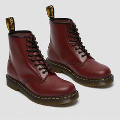 The 1460 Is The Original Dr. Martens Boot. Its Instantly Recognizable Dna Looks Like This: 8 Eyes, Classic Dr. Martens Smooth Leather, Grooved Sides, A Heel-Loop, Yellow Stitching, And A Comfortable, Air-Cushioned Sole. Durable And Famously Stiff To Start, Our Smooth Leather Can Be Polished To A Dapper Shine Or Artfully Scuffed-Up Depending On Your Preference. Size: 8 Women’s Color: Cherry Red Smooth Use Ones It’s Like Brand New. Doc Martens Original, Red Doc Martens, Doc Marten Boot, Red Leather Boots, Shoes Dr Martens, Womens Designer Boots, Embroidery Shoes, Leather Lace Up Boots, Martin Boots