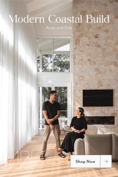 a man and woman standing in front of a fireplace with the words modern coastal build on it