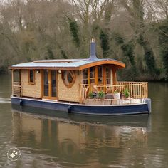 a house boat is floating on the water