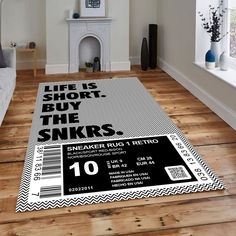 an advertisement for snkrs is displayed on the floor in front of a fireplace