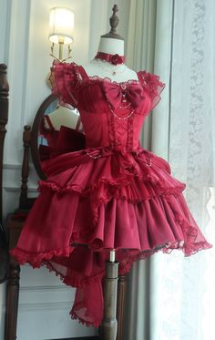 New Release: 【-Earl of Rose-】 #GothicLolita Jumper Dress Set  ◆ Shopping Link >>> https://lolitawardrobe.com/earl-of-rose-gothic-lolita-jumper-dress-set_p8394.html Red Hoco Dress, Dress With Big Bow, Cute Red Dress, Cottage Core Dresses, Sneaker Ball, Punk Style Outfits, Cottagecore Dresses, Cute Red Dresses, Kawaii Dress