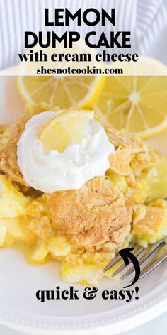 lemon dump cake with cream cheese is on a white plate and has a fork in it