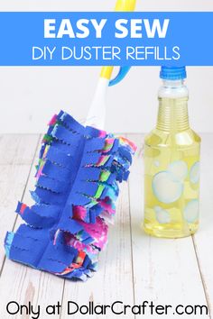 an easy diy duster refill is shown next to a plastic bottle with a toothbrush in it