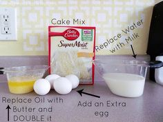 ingredients to make cake mix displayed on kitchen counter with instructions for making cupcakes