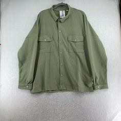 Collusion Womens Button Up Pockets Oversized Olive Green Jersey Shirt Size Large Brand: Collusion Size Type: Regular Size: Large Color: Olive Green Department: Womens  Type: Casual Style: Jersey  Fit: Regular Features: Oversized Pockets Heavyweight Closure: Button Occasion: Activewear Theme: Classic Pattern: Solid Season: Fall Winter Vintage: No Handmade: No Condition: New With Tags Measurements: Pit to Pit: 28 in. "Attention Buyer; PLEASE READ Returns may be accepted if; product is defective, o Oversized Green Shirt With Buttons, Oversized Solid Color Shirt With Buttons, Oversized Solid Shirt With Buttons, Oversized Khaki Shirt For Fall, Oversized Khaki Tops With Buttons, Oversized Khaki Top With Button Closure, Classic Pattern, Jersey Shirt, Olive Green