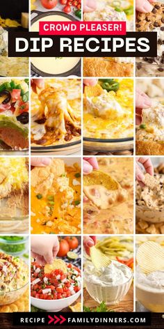 a collage of different dips with text overlay that reads crowd pleaser dip recipes