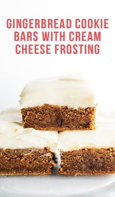 gingerbread cookie bars with cream cheese frosting are stacked on top of each other