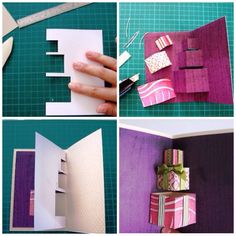 four pictures showing how to make an origami book with folded pages and ribbon