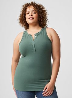 FIT Model is 5'10” wearing size 1. . Measures 30” from shoulder (size 2). . MATERIALS + CARE Super Soft Rib knit fabric: Tucked in or not, this ultra-soft and stretchy textured knit is your perfect base layer. . Stretch level: Maximum. 56% polyester, 34% rayon, 10% spandex. Machine wash cold. Line dry. . Imported. DETAILS High neck. . Sleeveless. Snap button placket. The best plus size women's super soft rib snap front high neck tank sleeveless & tops in dark forest made of supersoftrib. Rock yo Disney Leggings, Rib Knit Fabric, Loose Tank Tops, Shoes For Leggings, High Neck Sleeveless, High Neck Tank, Sleeveless Tops, Winter Clothes, Dark Forest