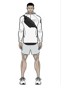 a drawing of a man wearing shorts and a white hoodie