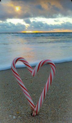 two candy canes shaped like a heart on the beach