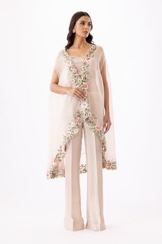 Aina – Sania Maskatiya International Party Dupatta With Floral Embroidery And Cape Sleeves, Party Pant Set With Sheer Dupatta, Organza Palazzo Set With Traditional Drape, Traditional Drape Pant Set For Wedding, Floral Embroidery Pant Set For Eid Party, Spring Party Palazzo Set With Sheer Dupatta, Eid Party Pant Set With Floral Embroidery, Elegant Palazzo Set With Floral Embroidery For Reception, Elegant Floral Embroidered Palazzo Set For Reception