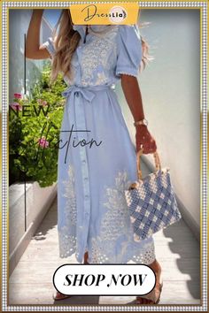 Casual Solid Split Joint Turndown Collar Shirt Dress Dresses Lace Embroidery Dress, Dress Sleeve Length, Collared Shirt Dress, Elegant Maxi Dress, Belted Shirt Dress, Half Sleeve Dresses, Maxi Robes, Turndown Collar, Dress Shirts For Women