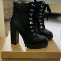 Brand New Steve Madden Black Boots! Never Worn Before. Edgy Lace-up Boots With Round Toe For Night Out, Edgy Mid-calf Boots With Reinforced Heel And Round Toe, Black Martin Boots With Padded Ankle And High Heel, Black High Heel Martin Boots With Padded Ankle, Trendy High Heel Lace-up Boots Medium Width, Casual Faux Leather Boots With Block Heel, Black Lace-up Boots With Padded Ankle For Fall, Trendy Lace-up Boots For Night Out, Black High Heel Martin Boots Medium Width