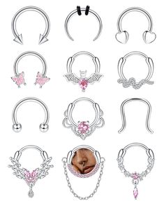 six different types of piercings with pink and white crystals on them, all in various shapes