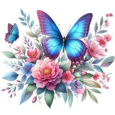 a blue butterfly sitting on top of pink flowers and green leaves with two butterflies flying over it