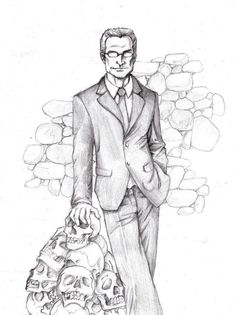 a black and white drawing of a man in a suit holding a bouquet of flowers