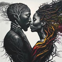 a painting of a man and woman kissing each other with trees growing out of their heads