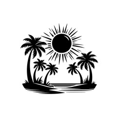 a black and white silhouette of palm trees with the sun in the sky above them